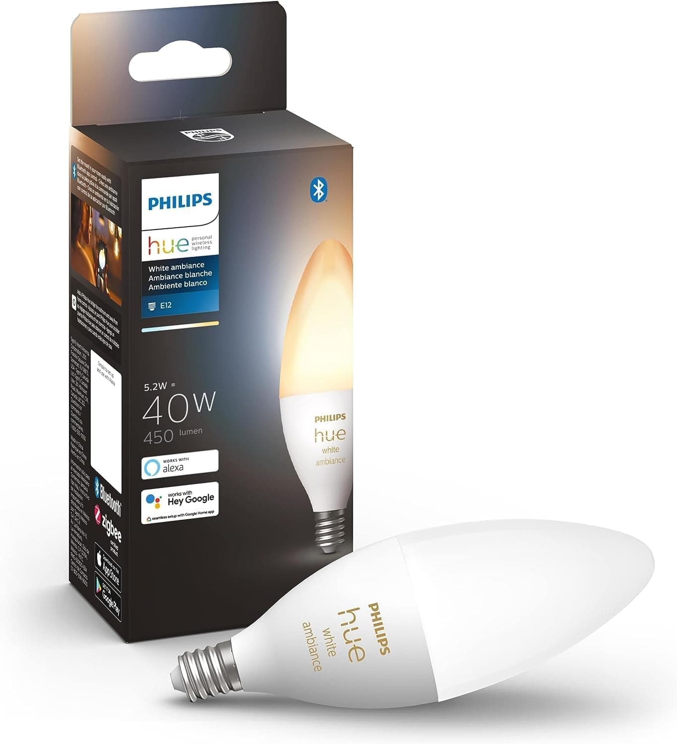 Bombilla LED Philips Hue 40W B39 con forma de vela - Ambiente blanco - 1 paquete - 450LM - E12 - Interior - Control con aplicación Hue - Funciona con Alexa y Google Assistant