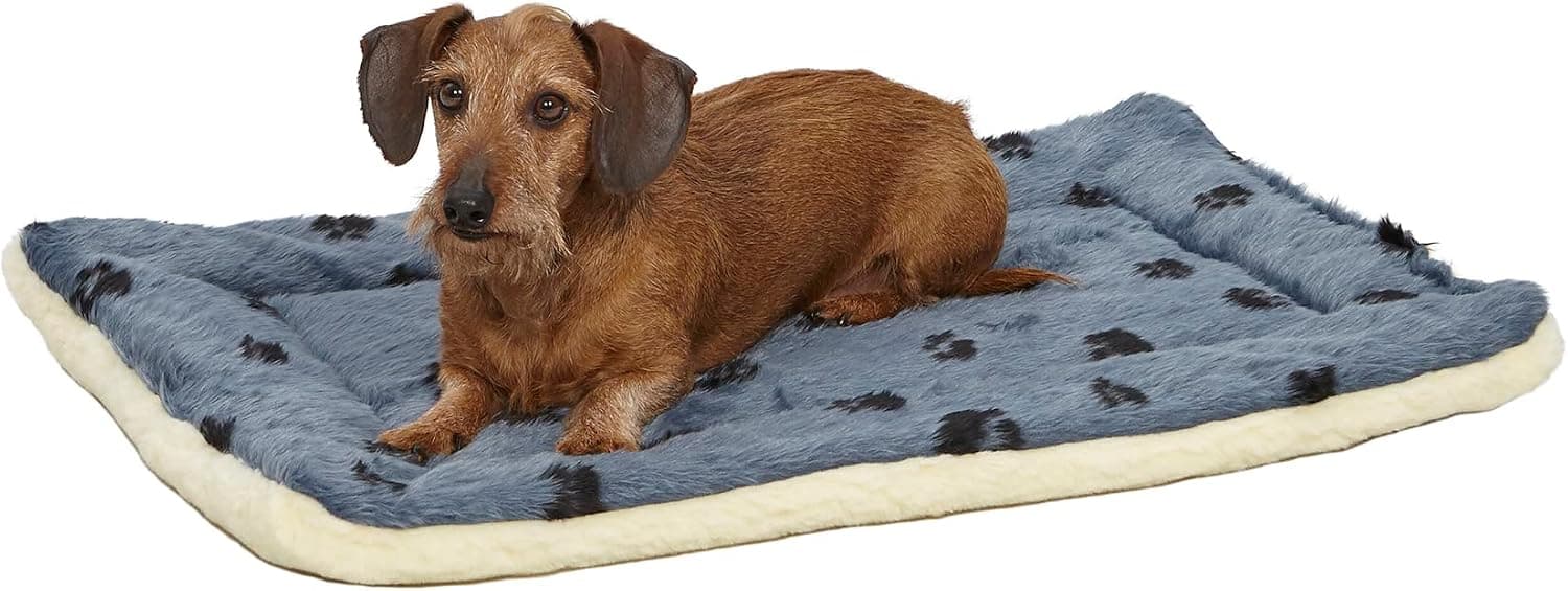 MidWest Homes for Pets QuietTime Cama reversible para mascotas con estampado de huellas, suave piel sintética y forro polar, alfombrilla para jaula de 30 pulgadas para perros medianos, lavable a máquina, azul y crema