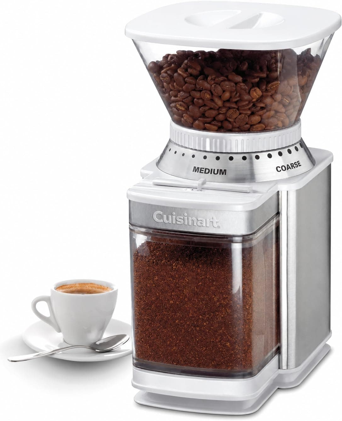 Molinillo de café Cuisinart, molinillo de café eléctrico automático de un solo toque con selector de molienda de 18 posiciones, selector de tamaño de taza para 4 – 18 tazas, acero inoxidable blanco