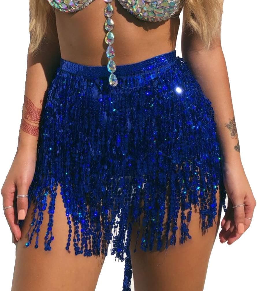 Women's Sequin Tassel Skirts Rave Fringe Hip Scarf for Festival