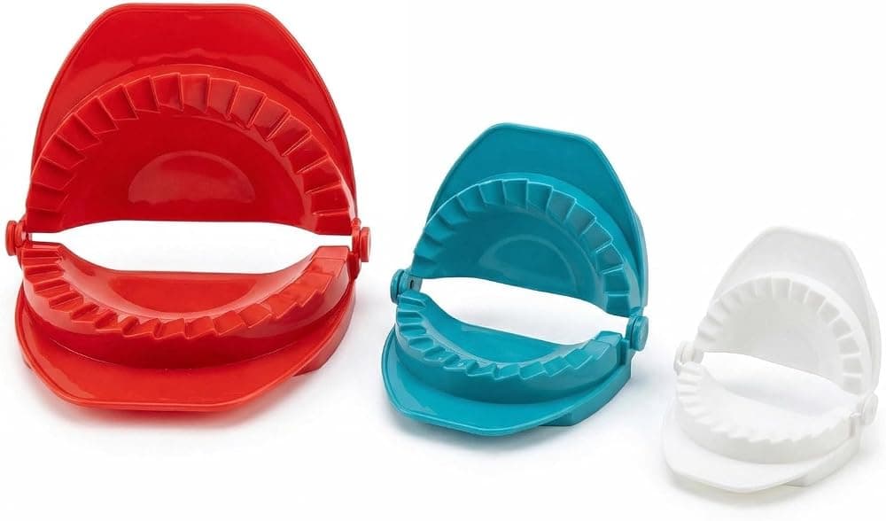 Juego de prensa de masa de 3 piezas, moldeador de repostería de plástico con bordes de corteza prensados, juego de 3 prensas para pasteles, empanadas y albóndigas, herramientas de cocina duraderas y fáciles de usar, 4, 5 y 6 pulgadas (rojo, verde, blanco)