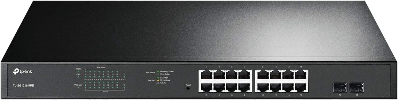 TP-Link TL-SG1218MPE 16 Port Gigabit Switch Easy Smart Managed 16 PoE+ @250W, 2 non-PoE ports, 2 combo SFP slots 3 Year Manufacturer Warranty QoS, Vlan, IGMP & LAG, Free Expert Help | 16 PoE+ @250W, 2 non-PoE Ports, 2 combo SFP Slots, QoS, 3 Year Manufacturer Warranty, VLAN, IGMP & LAG