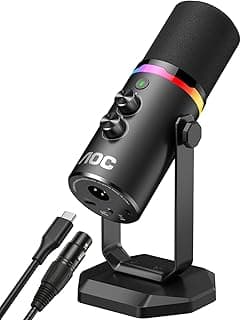 Micrófono dinámico USB/XLR para juegos de PC, podcasts y grabación, micrófono RGB de modo dual y equipo vocal de transmisión con soporte de escritorio resistente, Clicky Mute, cables USB de 7.5 pies y XLR de 6.5 pies incluidos
