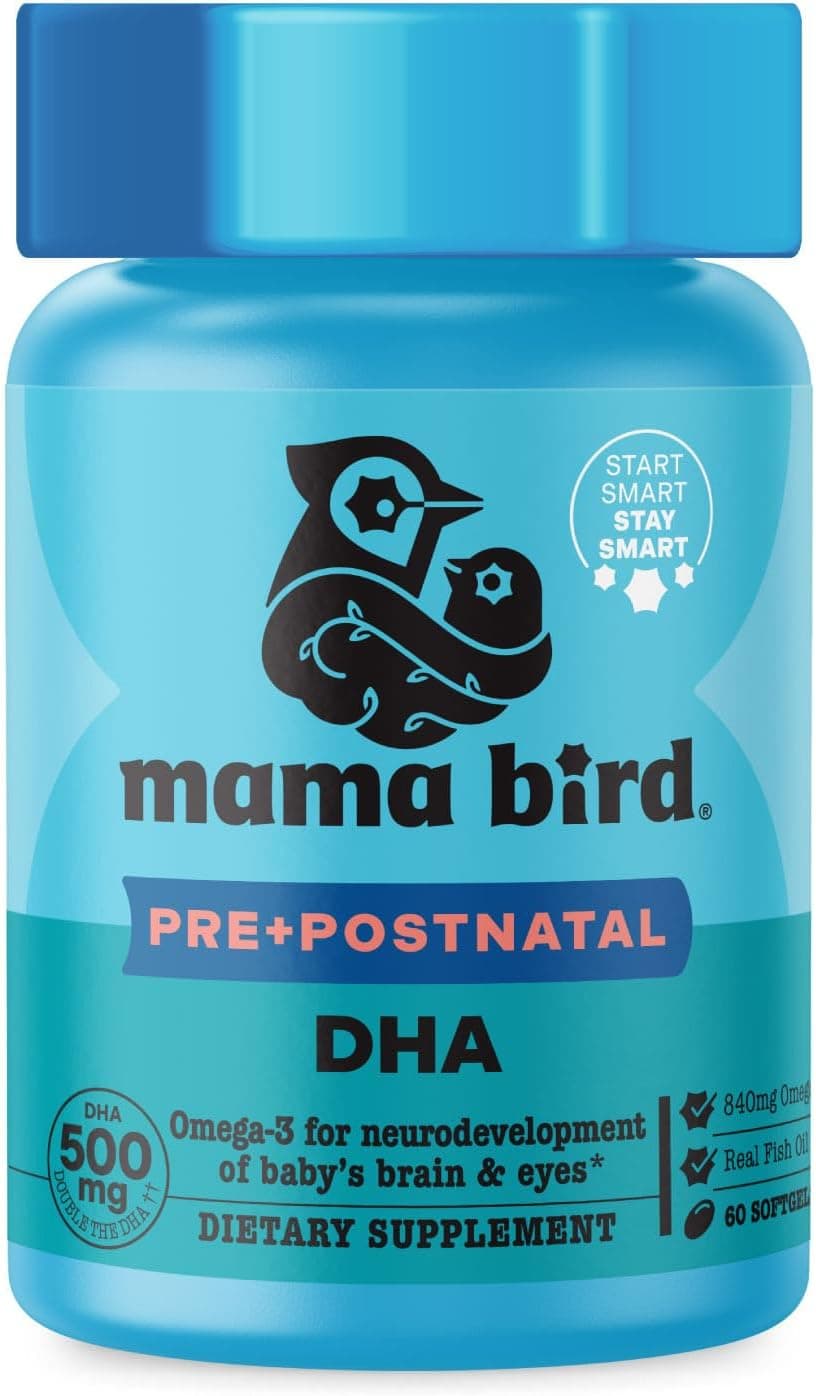 Mama Bird - Pre+Postnatal DHA (30 Servings) Omega 3 Fish Oil 500mg DHA - Lemon-Infused Softgels - Mom & Baby Brain Health - Post+Prenatal Vitamins for Women - Gluten Free, Non GMO