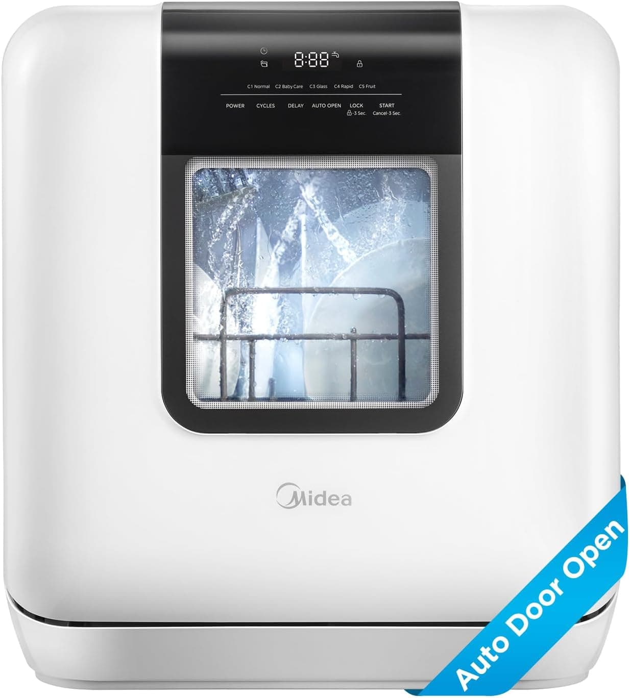 Midea Countertop Dishwasher with 1.59Gal Built-in Water Tank, 5+2 Programs | Portable Dishwasher, Auto-Open Door & Dual Drying, Energy-Saving and Odor Removal, Perfect for Apartments, Dorms& RVs, White