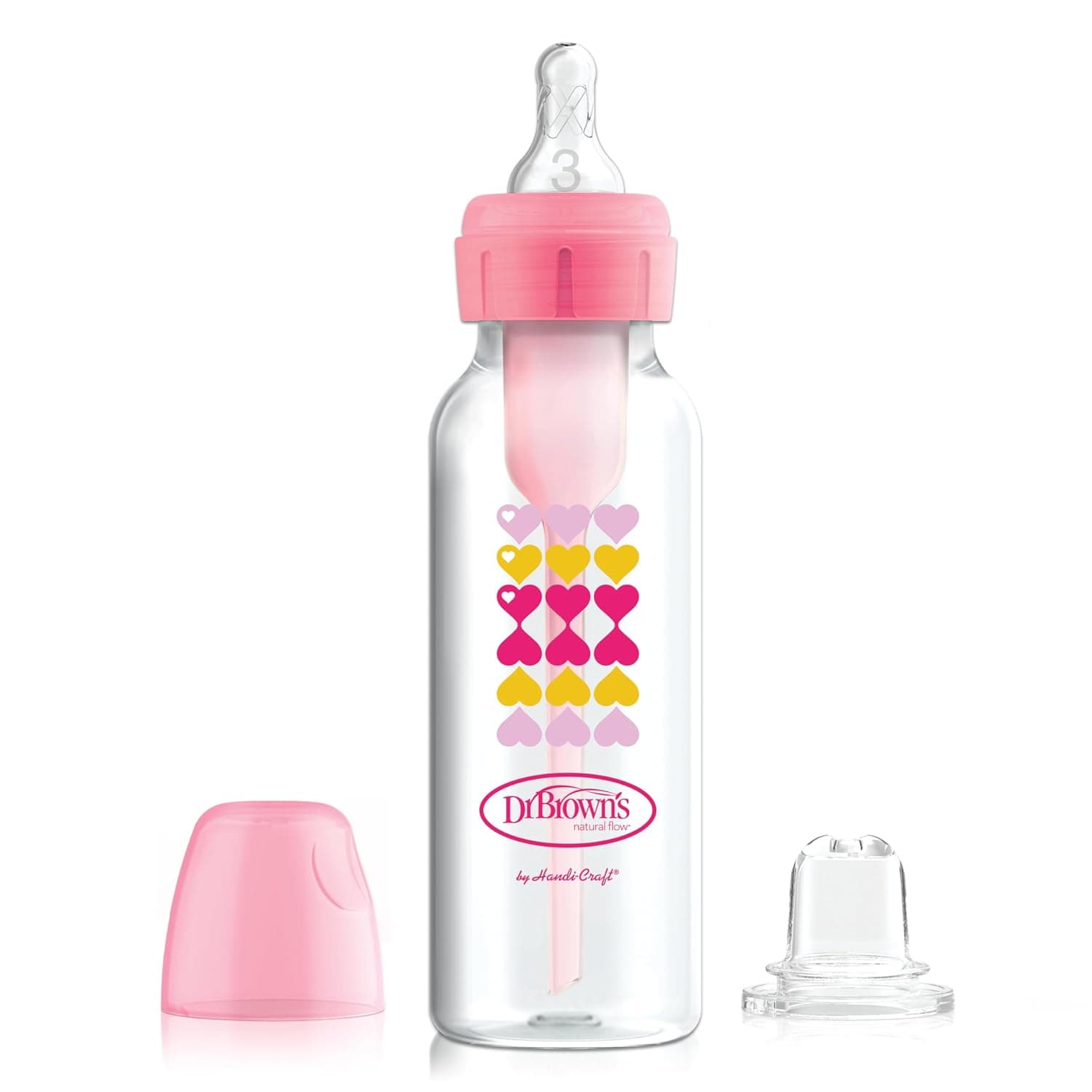Opciones anticólicas del Dr. Brown + Kit de inicio de botella estrecha para sorber, 8 oz/250 ml, con pezón de flujo medio-rápido de nivel 3 y boquilla suave 100% de silicona para sorber, rosa, sin BPA, más de 6 m