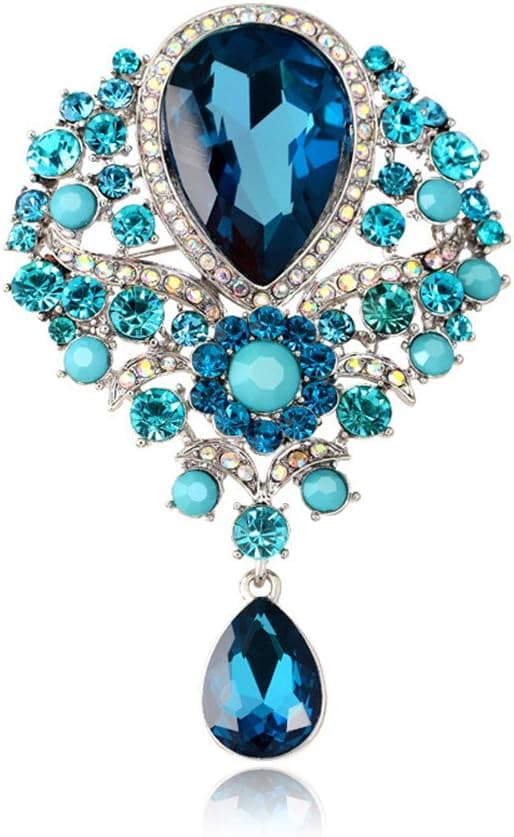 Broche azul para mujer, lágrima de diamantes de imitación de cristal gótico | PIEZA ELEGANTE: Un cristal en forma de lágrima de color azul celeste enmarcado por brillantes diamantes de imitación con un elegante colgante.