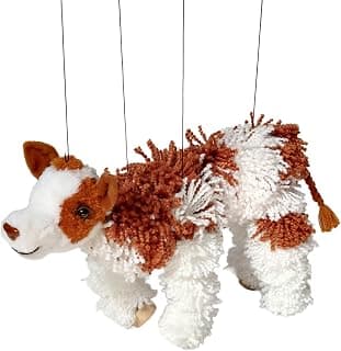 Artisan Owl Cow Farm Animal Marionette Puppet - Yarn Cow with Wooden Feet, Detachable Strings