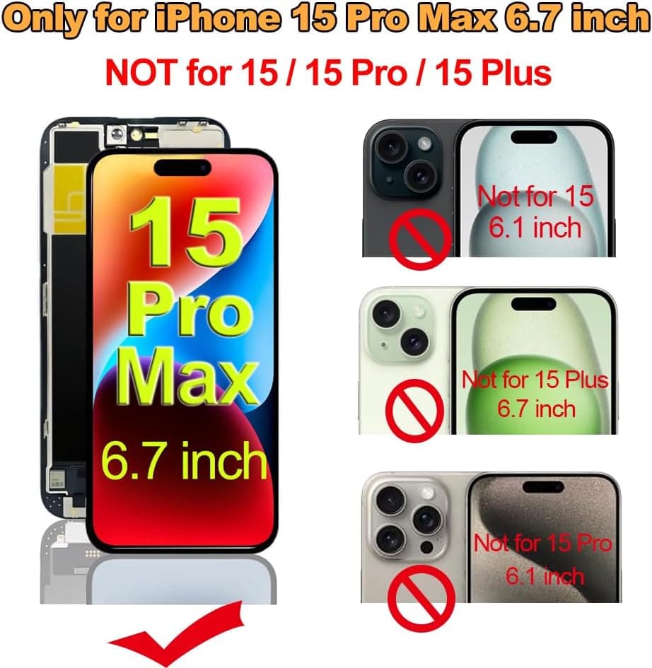 Fixerman para iPhone 15 Pro Max Reemplazo de pantalla Pantalla Full HD de 6,7 pulgadas | Montaje del digitalizador de pantalla LCD táctil 3D con herramientas de reparación