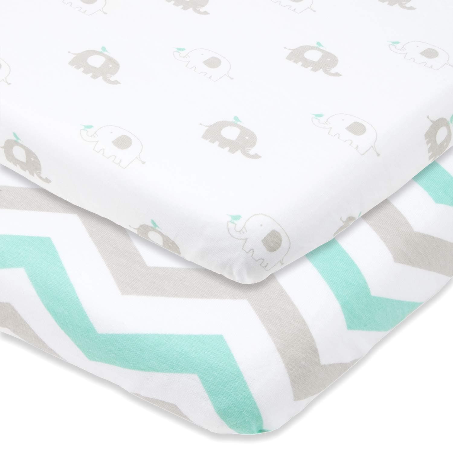 Joey + Joan Sábanas bajeras para cuna Nestig Mini, cuna y moisés Graco Travel Lite, moisés de guayaba de 20.0 x 30.0 in, sábanas bajeras 100% algodón jersey, gris, menta, paquete de 2