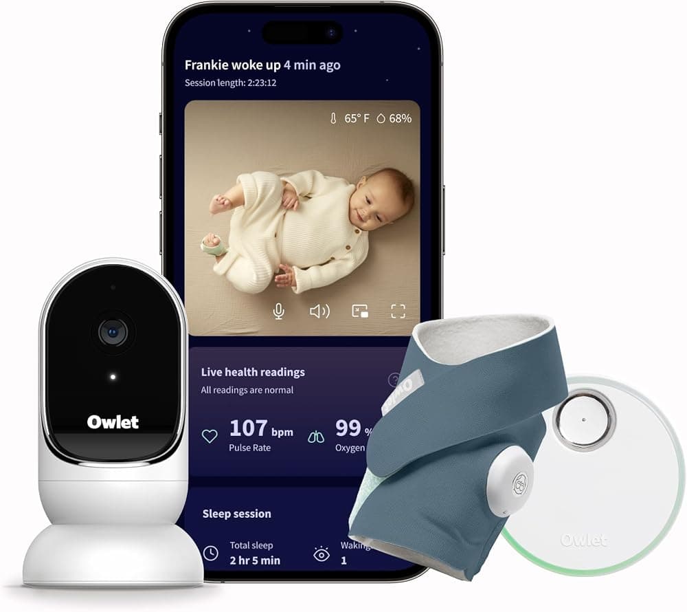 Monitor inteligente para bebés Dream Duo (Gen 1): Dream Sock® Plus Owlet Cam 2 aprobado por la FDA: rastrea y notifica la frecuencia del pulso y el oxígeno mientras ve al bebé en video WiFi HD de 1080p