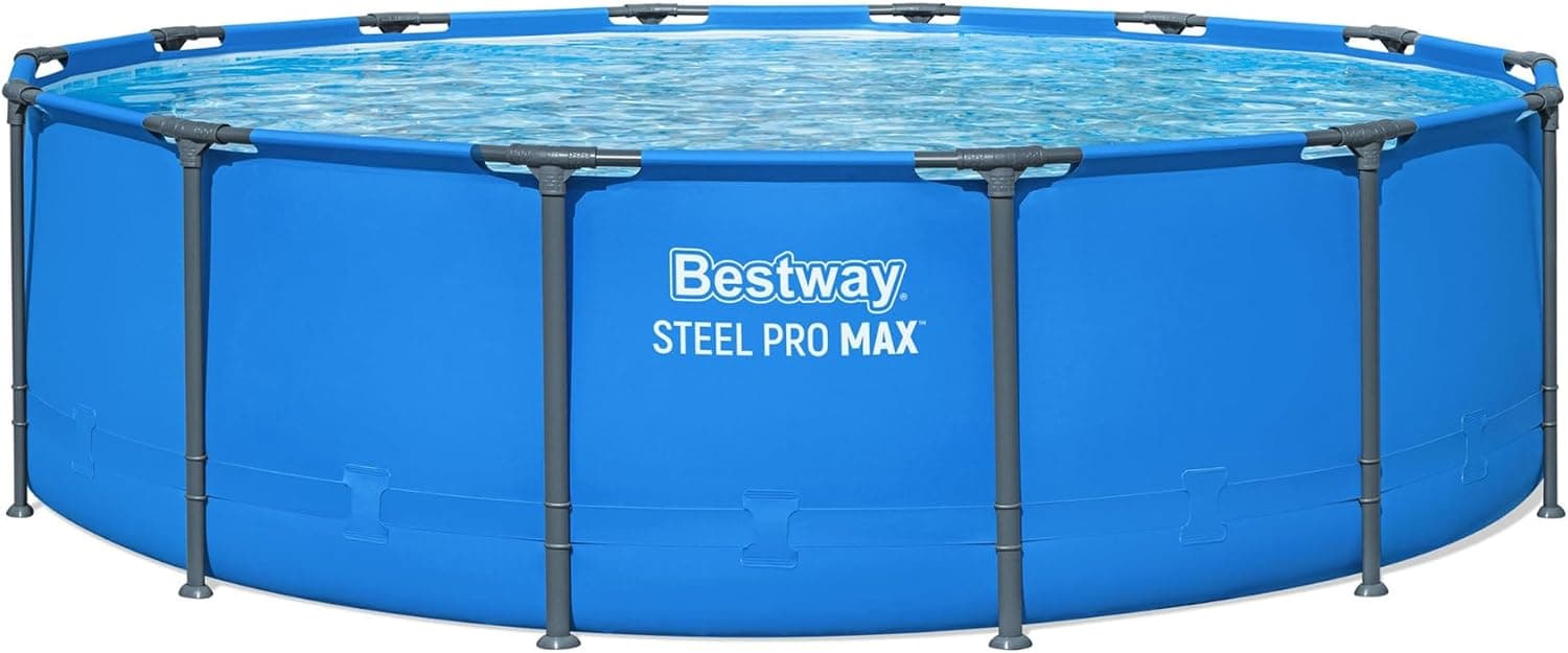 Bestway Steel Pro MAX 14' x 42" Piscina sobre el suelo, piscina exterior con marco de metal redondo para patio trasero, azul, solo piscina