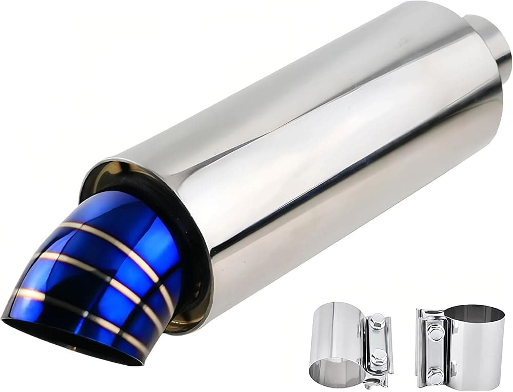 Silenciador de escape de alto flujo con punta quemada azul: entrada de 2 pulgadas, salida de 3 pulgadas, silenciador de acero inoxidable de 15.75" con 2 abrazaderas para automóviles y motocicletas