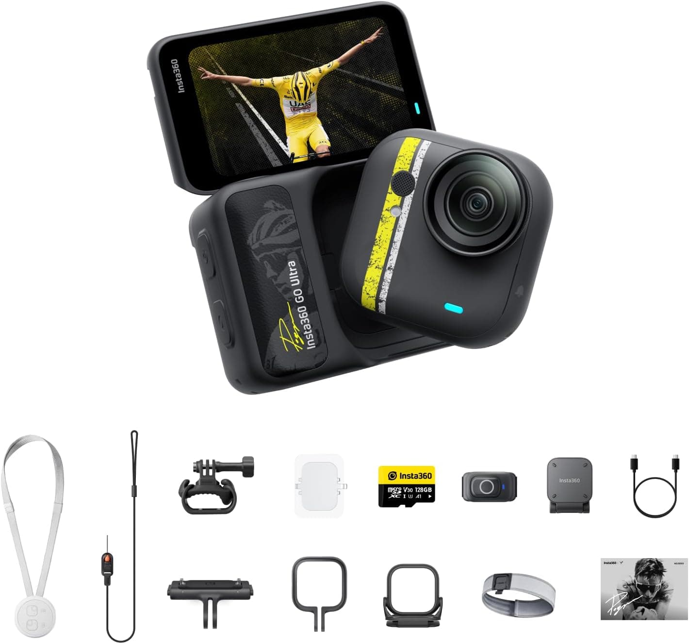 Insta360 GO Ultra Tadej Pogačar Edition - Pequeña cámara de vlogging 4K, manos libres, cámara POV, sensor de 1/1,28", peso ligero de 53 g, campo de visión de 156°, duración de batería de 200 min, cámara de acción magnética portátil para ciclismo