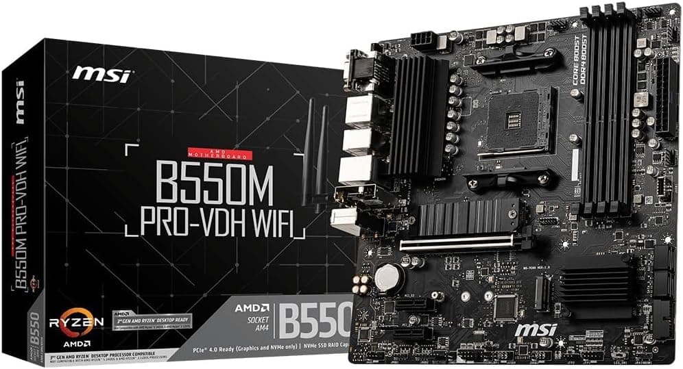 Placa base MSI B550M PRO-VDH WiFi ProSeries (AMD Ryzen 5000, AM4, DDR4, PCIe 4.0, SATA 6Gb/s, M.2, USB 3.2 Gen 1, Wi-Fi, Bluetooth, D-SUB/HDMI/DP, Micro-ATX)