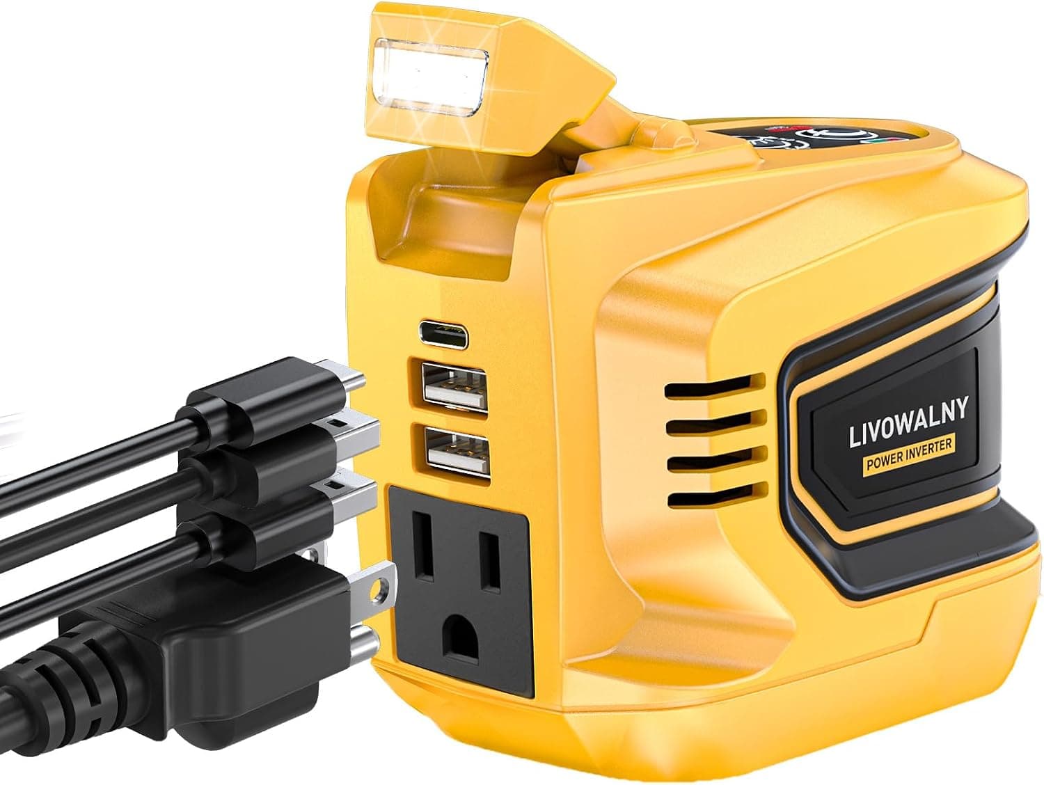 Inversor de corriente de 220 W-250 W, compatible con batería DeWALT de 20 V, inversor de corriente portátil de CC de 20 V a CA de 110 V-120 V, 1 salida de CA, 2 puertos USB y 1 puerto tipo C, luz de trabajo LED ajustable (solo herramienta)