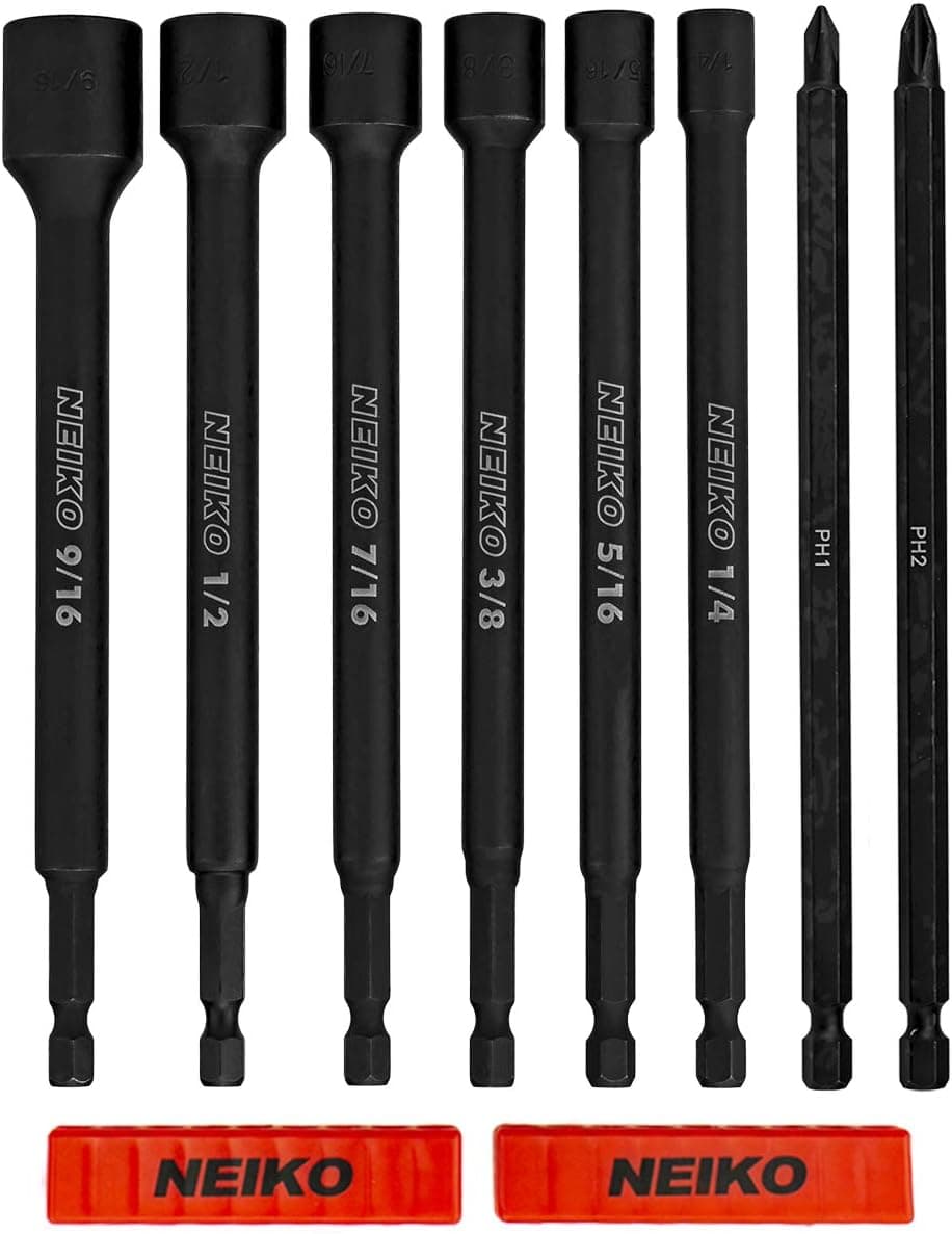 NEIKO 10067A Juego de herramientas de punta eléctrica y destornillador de tuerca de impacto magnético | 8 Piezas, SAE | 6 pulgadas | Colocadores de puntas de destornillador para tuercas de vástago | Dados con punta magnética | Vástago hexagonal de 1/4 de pulgada