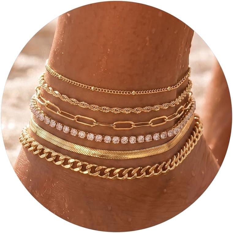 Dainty Ankle Bracelets for Women Waterproof | Layered Gold Plated Tennis Cuban Snake Rope Paperclip Beaded Link Chains Set, Summer Beach Jewelry Gift