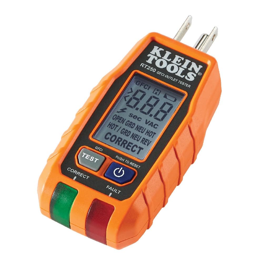 Probador de salida Klein Tools RT250 GFCI con pantalla LCD, probador de voltaje eléctrico para receptáculos eléctricos estándar de 3 cables de 120 V
