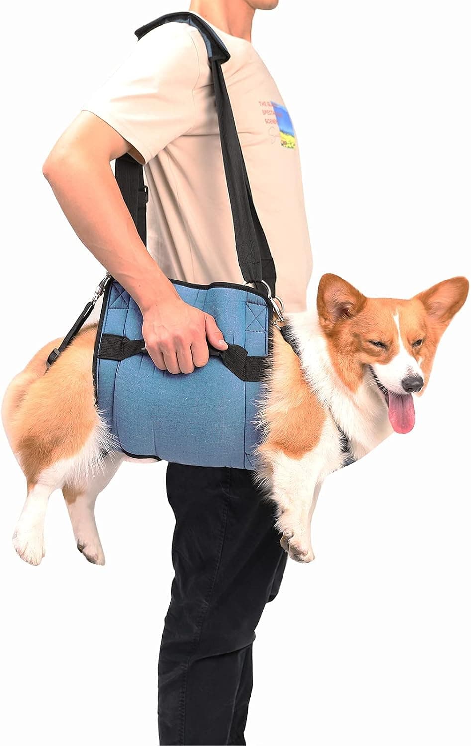 COODEO Eslinga de transporte para perros, mochila de emergencia, soporte y rehabilitación para patas de mascotas, arnés de elevación para corte de uñas, transportador para perros mayores, lesiones en las articulaciones, artritis, subir y bajar escaleras (L, azul)