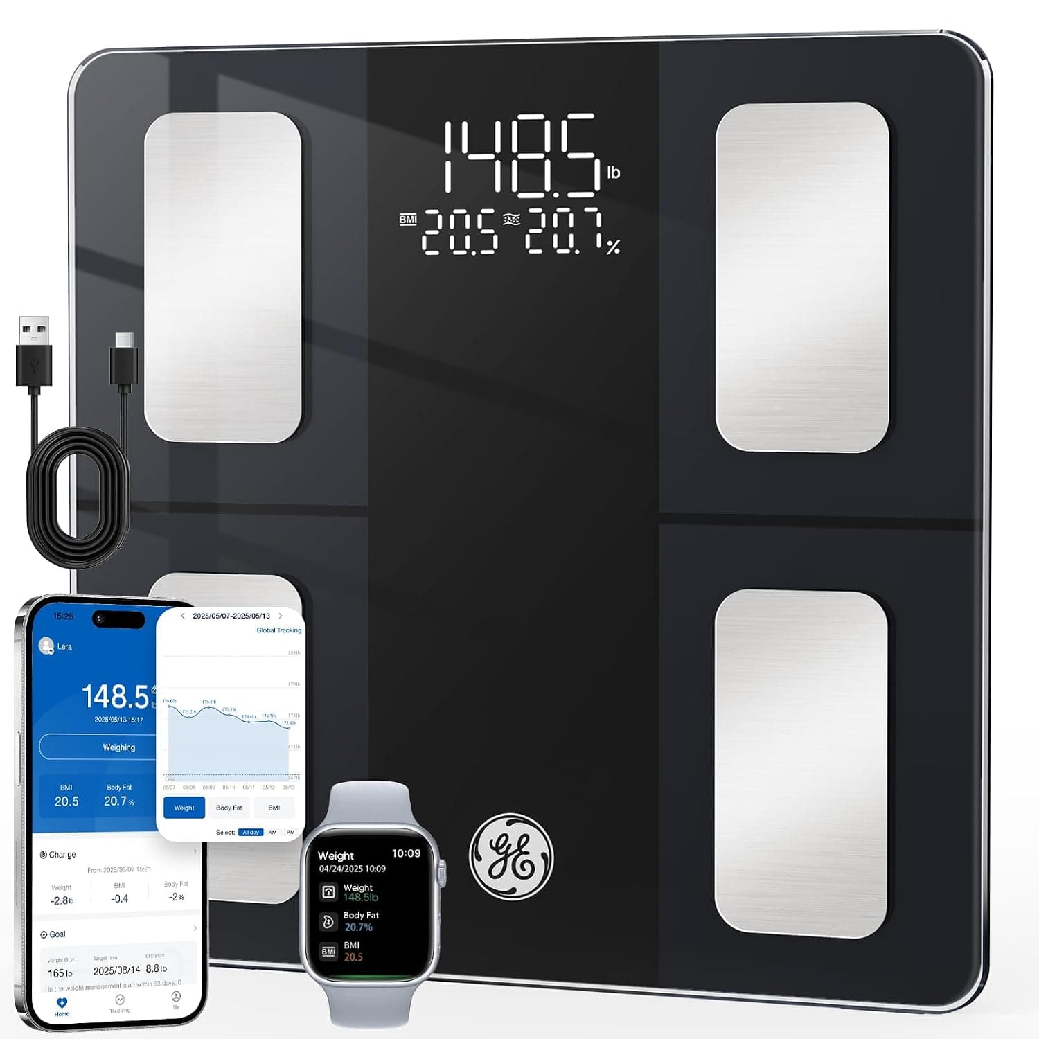 Báscula inteligente GE para peso corporal IMC Grasa corporal, báscula digital Bluetooth 400 lb | 13 analizador de salud con monitor de composición corporal para gimnasio en casa, báscula de baño precisa, capacidad de pesaje de sincronización de aplicaciones Tira negra