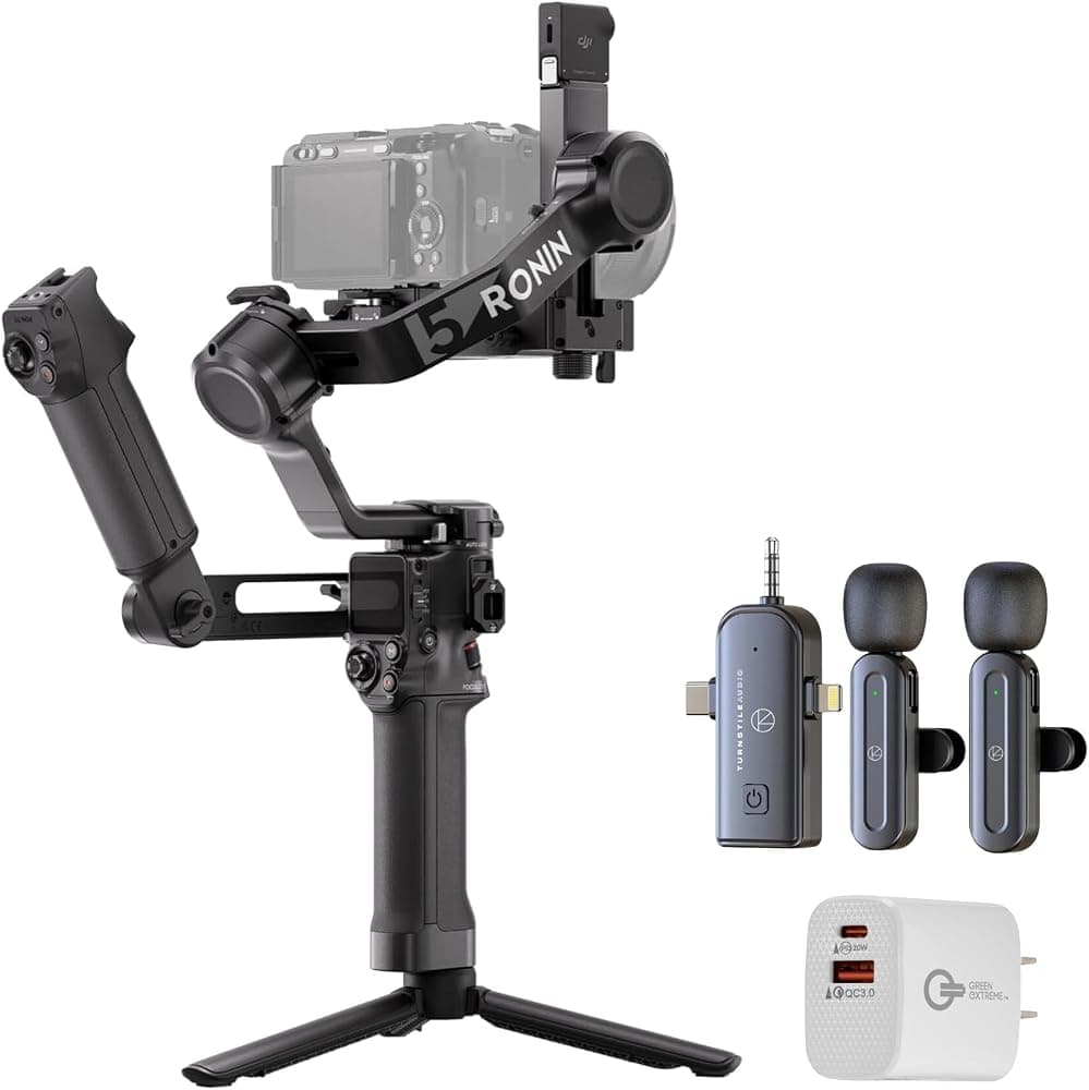DJI RS 5 Combo Estabilizador de cardán de cámara portátil de 3 ejes para cámaras sin espejo con placa de liberación rápida, trípode de agarre, duración extendida de la batería, juego de micrófono inalámbrico y enchufe de pared USB