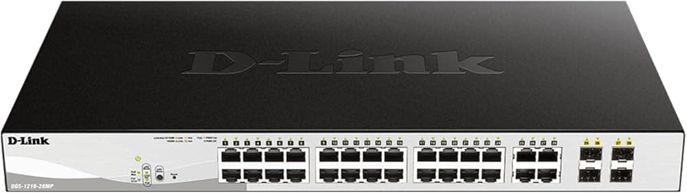 D-Link 28 puertos Gigabit Smart Managed PoE+ Switch, 24 puertos PoE+ (370W) + 4 puertos SFP Combo, L2+, VLAN, Web Managed, modo de vigilancia, montaje en rack, eficiencia energética, compatible con NDAA (DGS-1210-28MP)