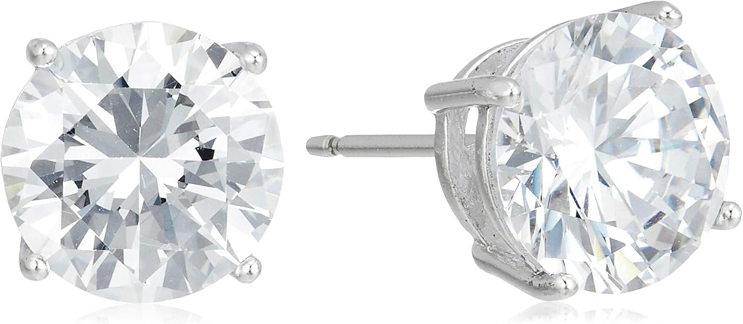 Pendientes de tuerca de plata de ley chapada con circonita cúbica de Amazon Essentials (redondos y princesa)