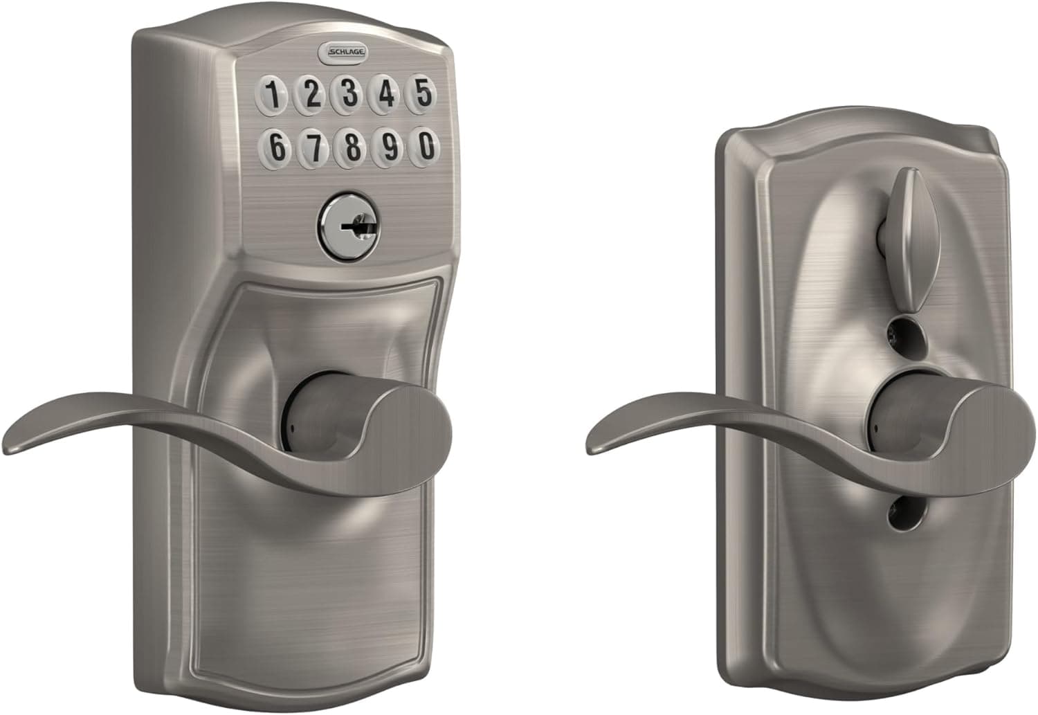 Cerradura electrónica con teclado Schlage, manija de palanca, detalles Plymouth, níquel satinado | Cerradura de puerta con teclado y manija, entrada sin llave, teclado con botón, opción de bloqueo automático Flex Lock, seguridad certificada, FE595