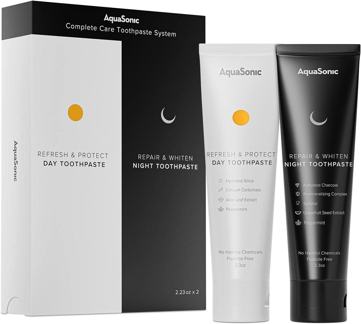 Pasta de dientes AquaSonic Complete Care - Refresca y protege el día, repara y blanquea la noche - Natural sin flúor, anticavidad, antiplaca, reendurece, fortalece, blanquea, desintoxica