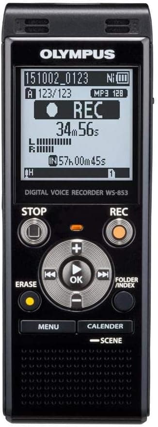 Grabadora de voz Olympus WS-853 negra con micrófono True Stereo, 8 GB, duración de batería de 110 horas, equilibrio de voz, conexión USB directa, con formato de archivo MP3.