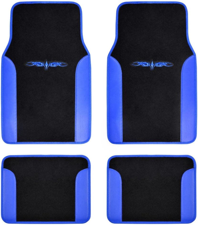 Tapetes de piso de alfombra BDK Fresh, acabado de vinilo de diseño tribal de tatuaje de color para SUV de camión sedán de coche, juego delantero y trasero de 4 ajustes universales, azul tatuaje (MT-201-BL)