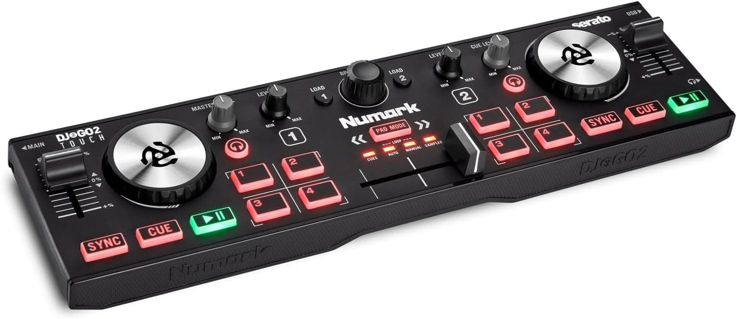 Numark DJ2GO2 Controlador de DJ compacto táctil | Mezclador de DJ portátil, de 2 decks, ruedas táctiles capacitivas, interfaz de audio integrada y Serato Lite, Gen 3