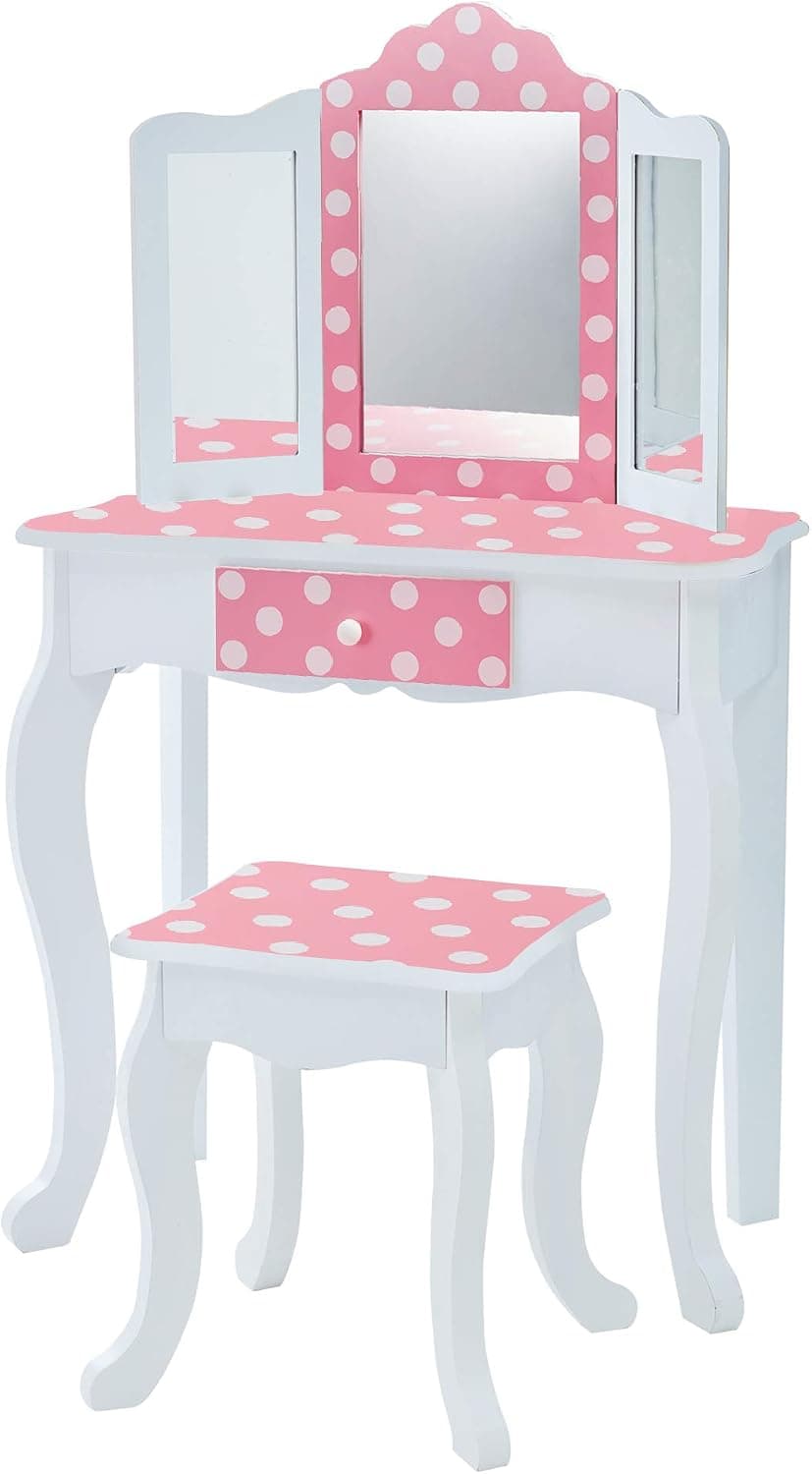 Teamson Kids Princess Gisele Juego de tocador de madera para niños de 2 piezas con estampado de lunares, mesa de tocador, espejo triple, cajón de almacenamiento y taburete a juego, blanco con detalles de lunares blanco/rosa