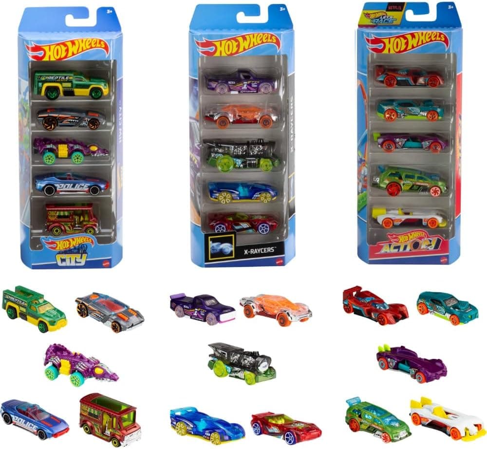Hot Wheels Toy Cars, paquete de 15 vehículos a escala 1:64 con 3 temas: HW City, X-Raycers y Track Pack