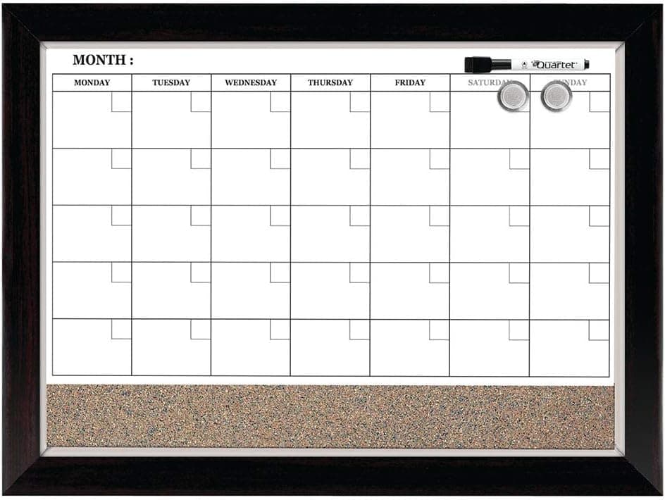 Quartet Pizarra blanca con calendario y tablero de corcho, combinación magnética, pizarra blanca y tablón de anuncios de corcho, 17" x 23", marco con acabado de madera (22476)