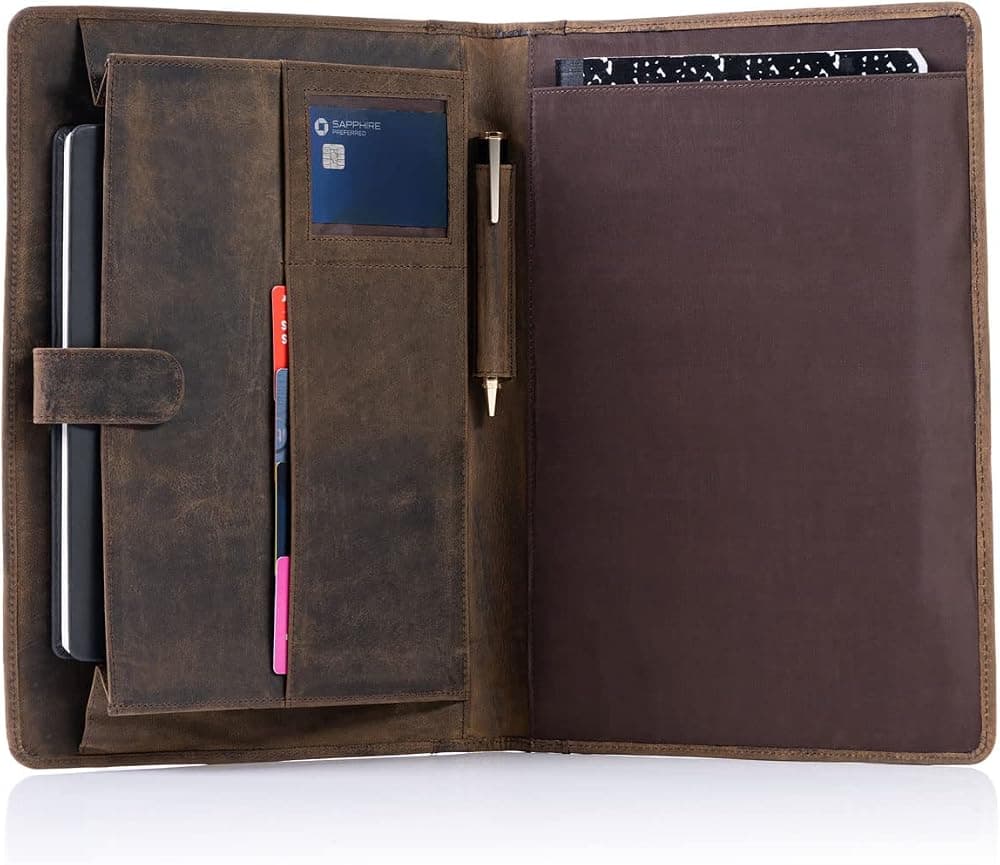 Portafolio de negocios de cuero con bolígrafo de lujo, carpeta organizadora personal de negocios, portafolios de cuero de plena flor de KomalC (bronceado envejecido de búfalo)