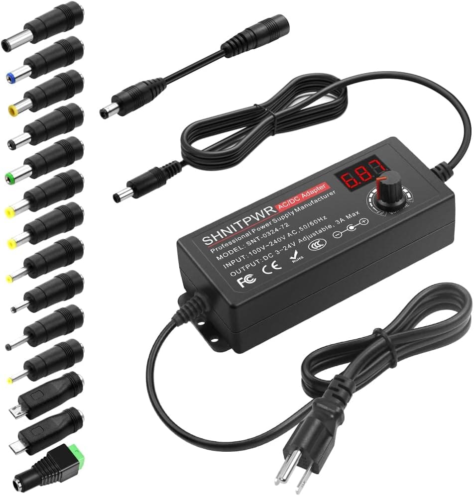 SHNITPWR 3V ~ 24V 3A 72W Fuente de alimentación ajustable DC 3V 5V 6V 9V 12V 15V 16V 18V 19V 20V 24V Variable Adaptador universal de CA/CC 100V-240V Convertidor de CA a CC con 14 puntas 5.5x2.5mm 4.0x1.7mm 3.5x1.35mm