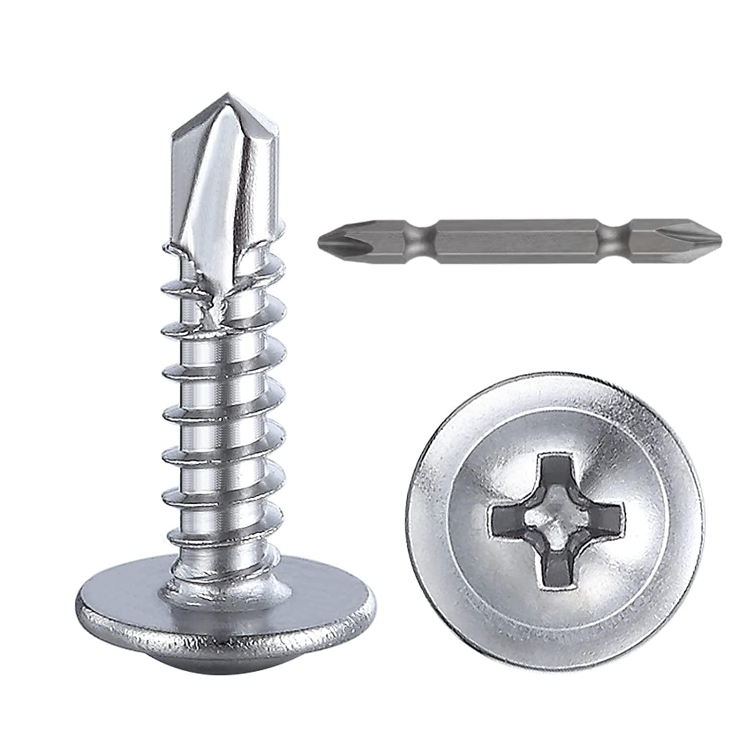 Wensilon (300 piezas) #8 × 3/4 pulgadas para tornillos autorroscantes de chapa de acero inoxidable 410 tornillos de rosca rápida de alta resistencia con cabeza de armadura