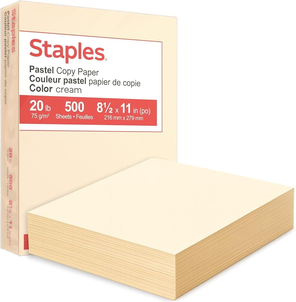 Staples Pastel Recycled Copy Paper, Cream, 20 lb., 8.5x11, 500 Sheets | 30% recycled multipurpose paper for printing documents, flyers, and forms.