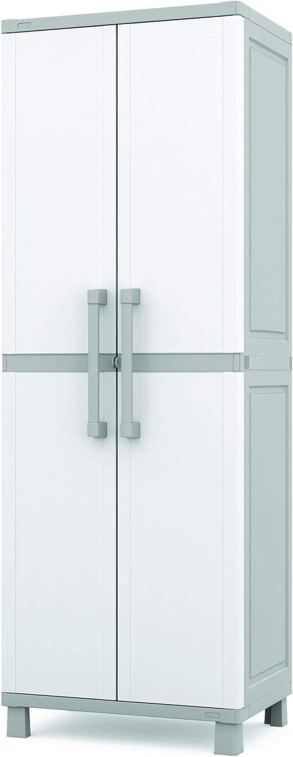 Armario de almacenamiento Keter con puertas y estantes para cuarto de lavado, garaje, accesorios de baño, armario y organización del hogar, blanco y gris