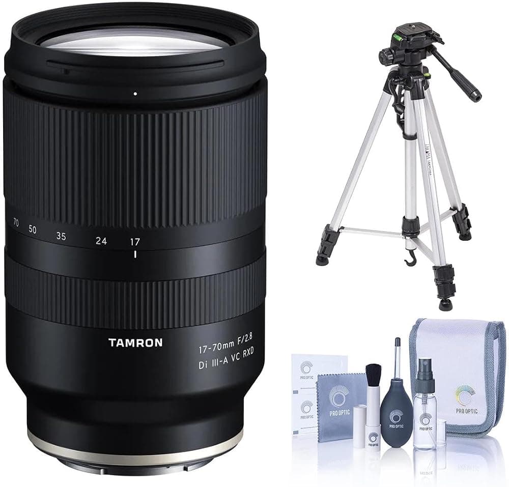 Lente 17-70 mm f/2.8 Di III-A VC RXD para Sony E APS-C equivalente a 25,5-105 mm, paquete con trípode de aluminio de 3 secciones y kit de limpieza, Tamron garantía limitada de 6 años