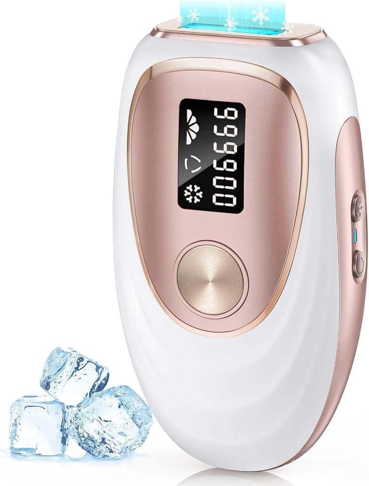 Dispositivo de depilación láser IPL para mujeres y hombres - Contacto con refrigeración por hielo en el hogar a 45 °F para resultados indoloros y duraderos, 86 % de reducción del vello en 3 semanas, para todo el cuerpo y la línea del bikini, oro rosa - Blanco