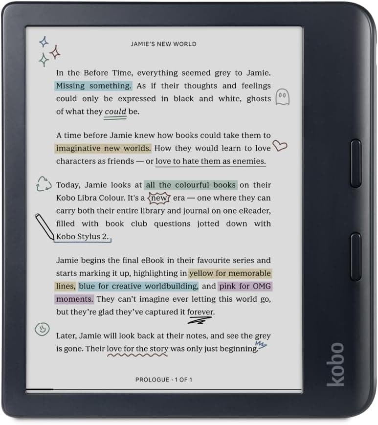 Libro electrónico Libra Color, tinta electrónica en color de 7", resistente al agua, negro | Tinta electrónica en color Kaleido 3 de 7", modo oscuro, resistente al agua, libros electrónicos, audiolibros, materiales reciclados