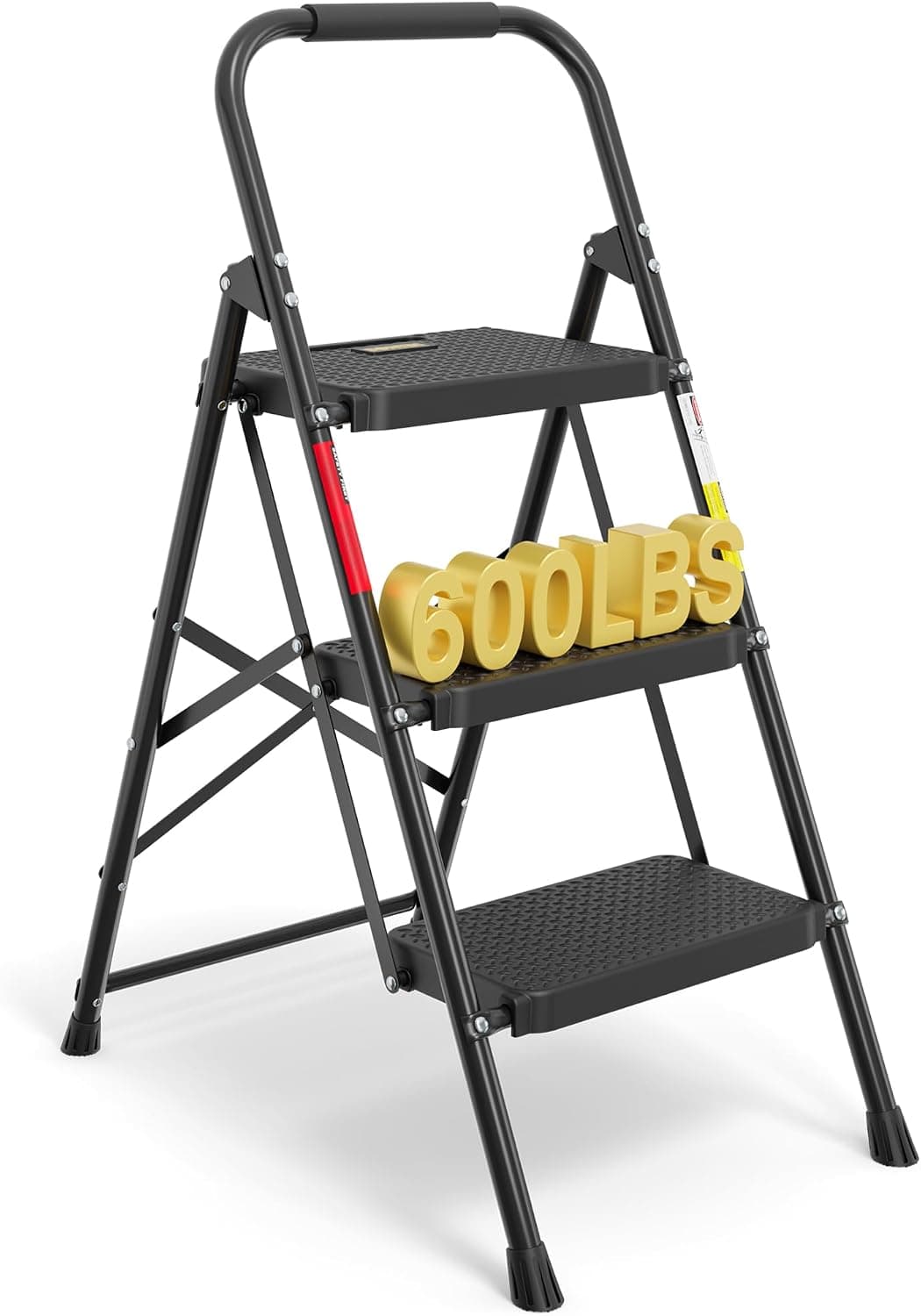 BONTEC 3-Step Ladder, Folding Step Stool, 600lbs Max Load Capacity, Black | Sturdy Steel, Non-Slip Pedals, Lightweight, Portable Design with Convenient Handrail, Safety Design for Home & Work Use