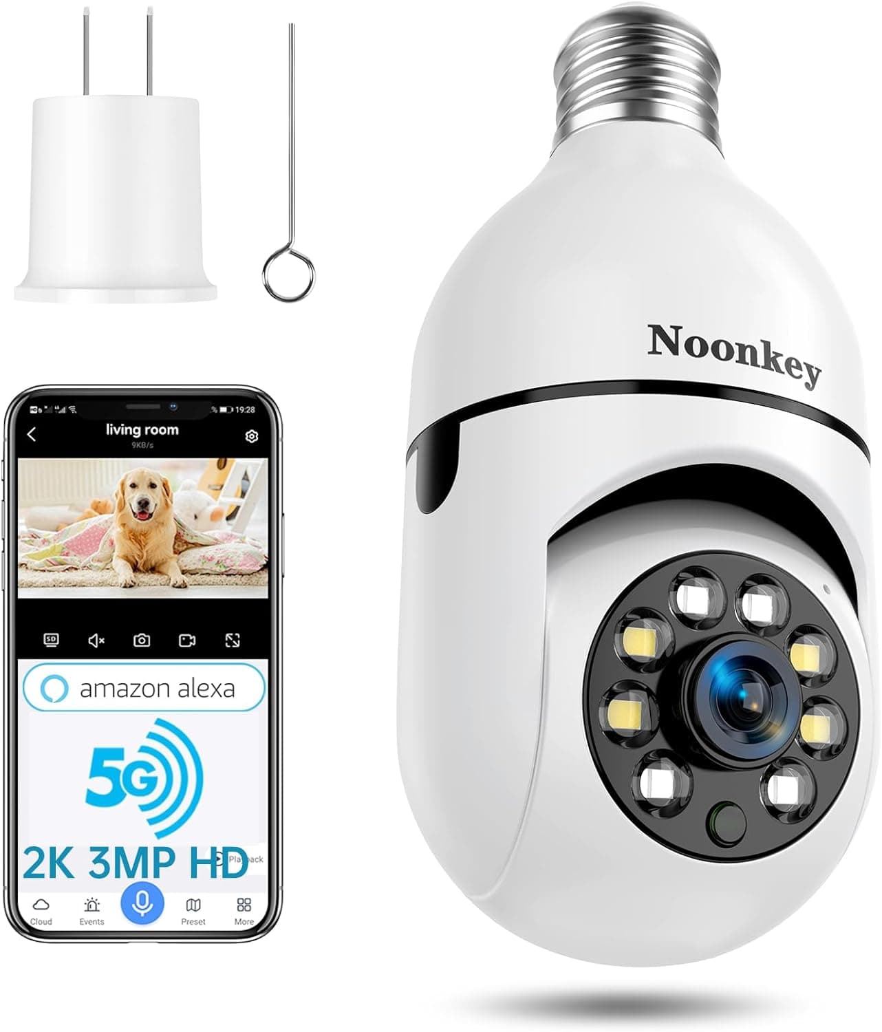 Noonkey Cámara de seguridad con bombilla de 2K/3MP, 5G y 2,4 GHz WiFi Alexa E27 cámara con toma de luz de 360° para exteriores, cámara IP inalámbrica WiFi para el hogar con alarma de seguimiento de movimiento, visión nocturna en color, conversación bidireccional
