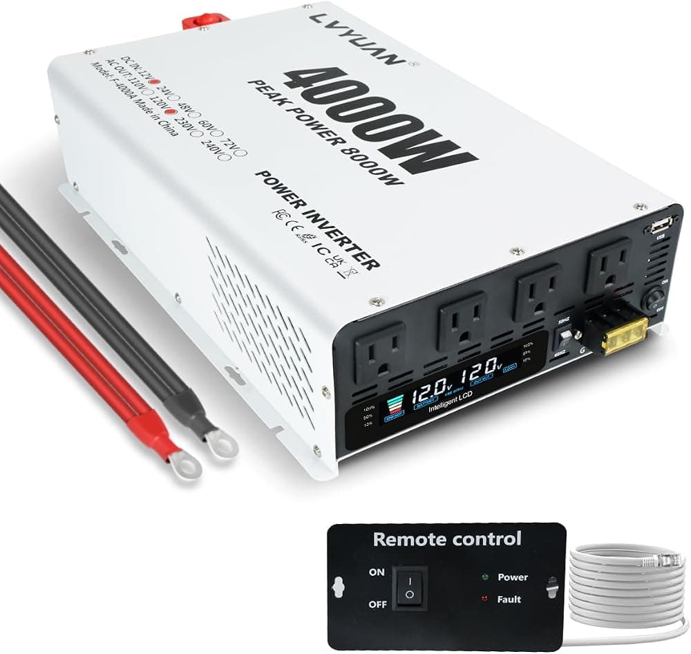 Inversor de corriente de 4000 vatios 12 V a 110 V 120 V CC a CA Convertidor con 4 salidas de CA, pantalla LCD, puerto de carga USB, control remoto para el hogar RV Vehículo al aire libre Camping Car Inversor de corriente