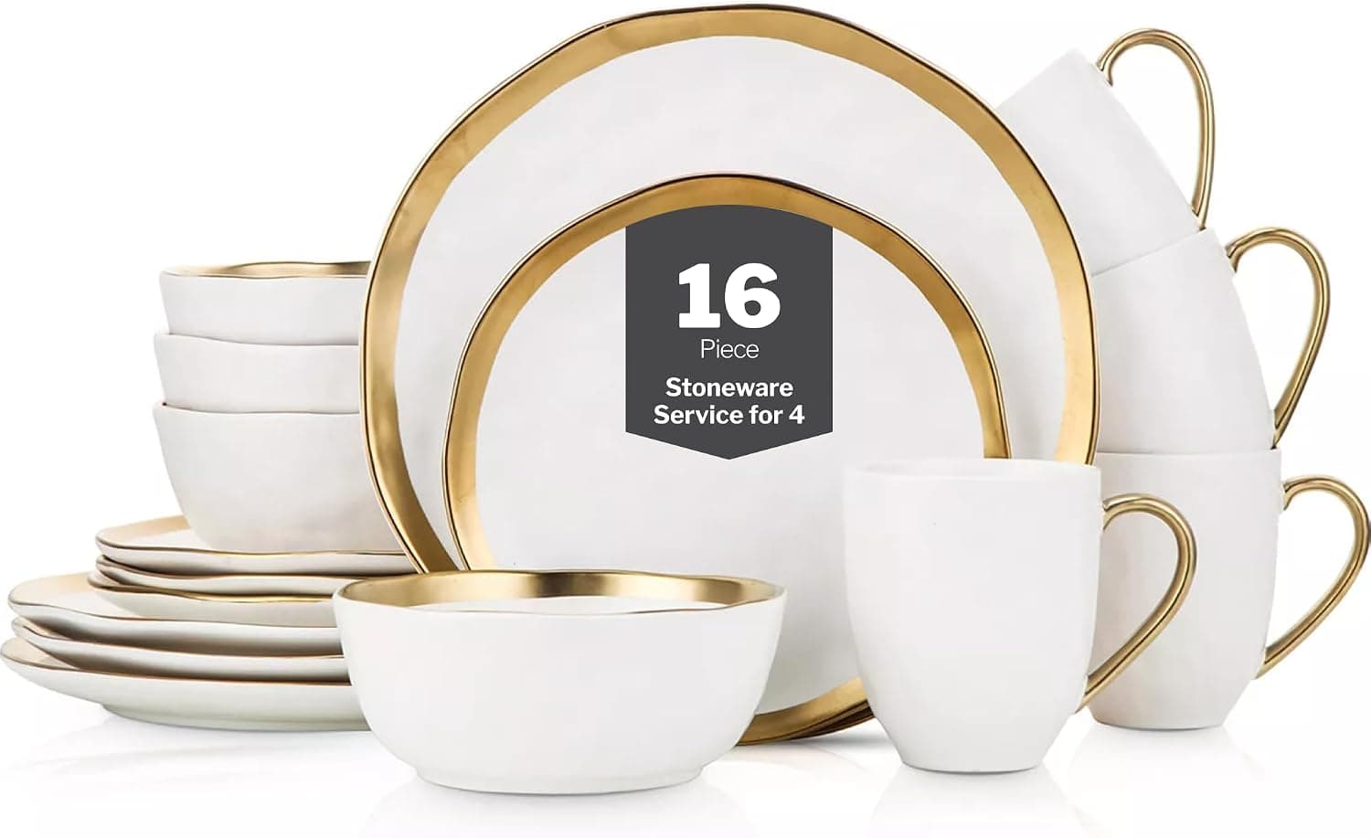 Stone Lain Modern Poreclain 16 Piece Dinnerware Set, Plates and Bowls Set, Dish set for 4, White And Golden Rim
