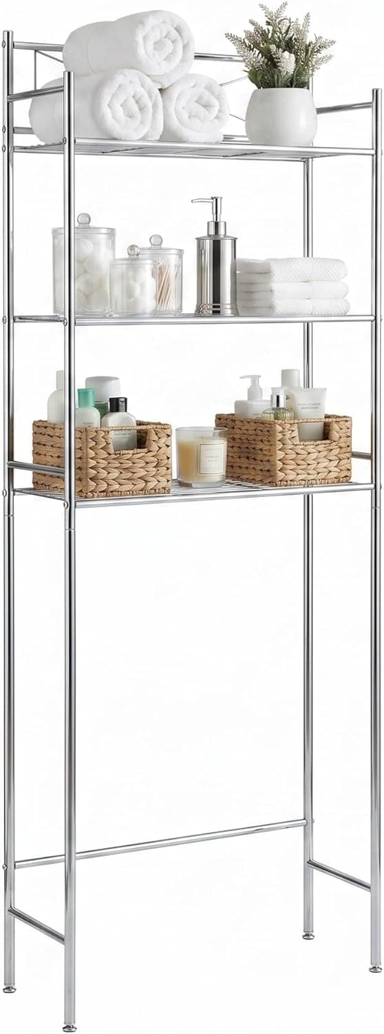 Honey-Can-Do Estante de baño de metal de 3 niveles que ahorra espacio, organizador de almacenamiento sobre el inodoro, estantería de alambre cromado ajustable para toallas y artículos de tocador, 9,5 x 23 x 60 pulgadas