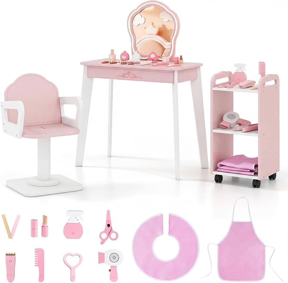 Costzon - Tocador para niños con silla de peluquero, carrito rodante, 10 piezas de accesorios, juego de salón de peluquería de madera para niños, mesa de tocador y silla con espejo iluminado LED para niñas pequeñas